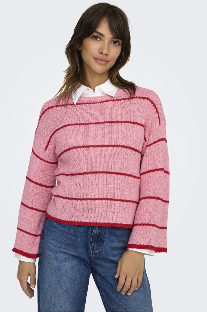 ONLGEENA 7/8 STRIPE O-NECK KNT 15321477 QUARTZ PINK/W ADRENAL