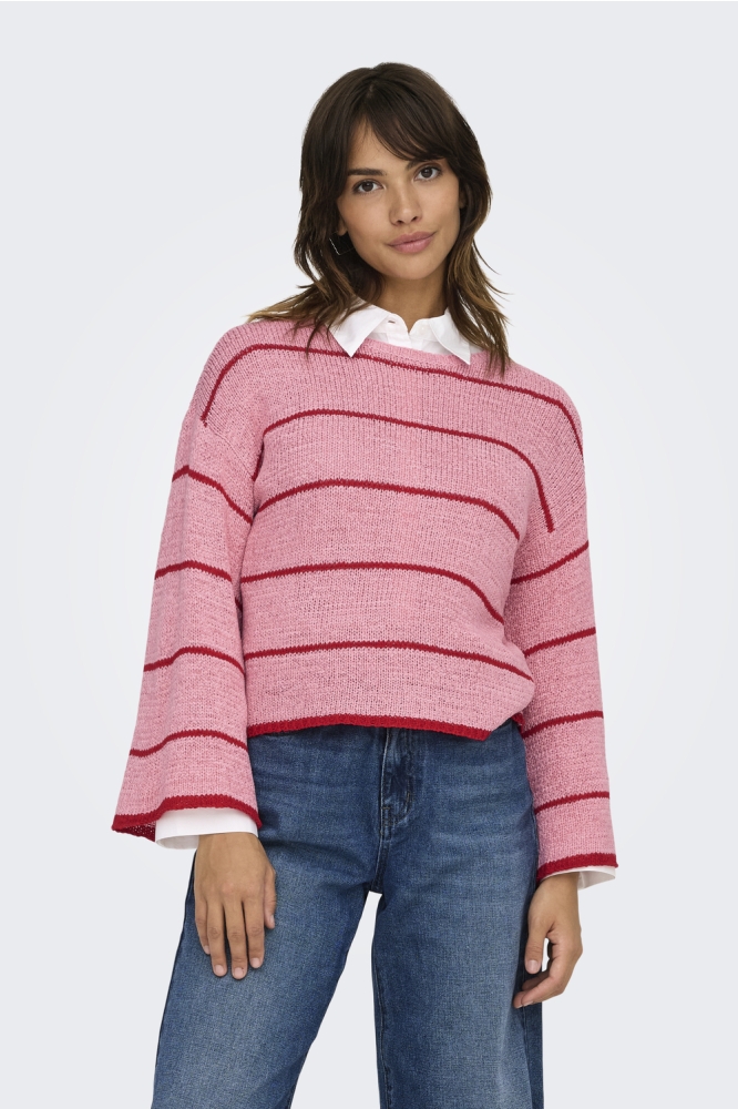 ONLGEENA 7/8 STRIPE O-NECK KNT 15321477 QUARTZ PINK/W ADRENAL