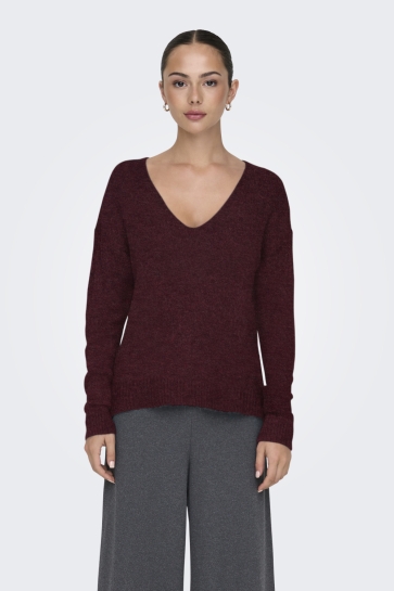 Jacqueline de Yong Trui JDYELANORA L/S V-NECK PULLO. KNT NO 15207823 CABERNET/MELANGE