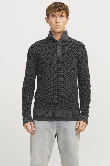 Jack & Jones JJETHAN KNIT HIGH NECK 12278965 BLACK/TWIST W. ASPHALT. BUTTON PLACEKET