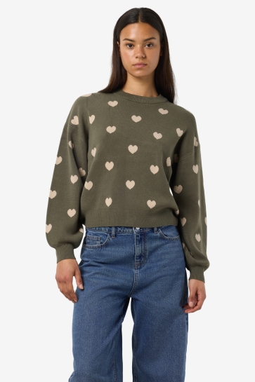 Noisy may NMCHARLOTT L/S O-NECK KNIT FWD NOOS 27028159 Kalamata/HUMUS HEARTS