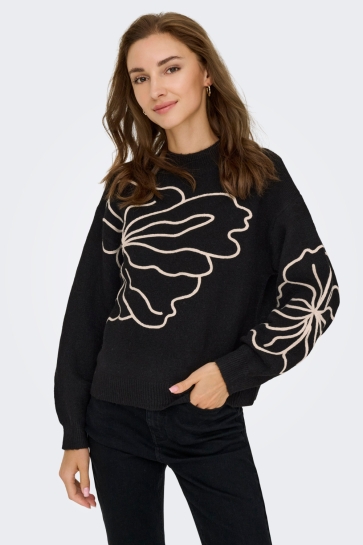 Jacqueline de Yong JDYJELLA L/S FLOWER PULLOVER KNT NO 15344518 BLACK/W. CEMENT