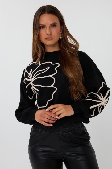 EsQualo SWEATER TAPE FLOWER PATCH F25 02505 BLACK
