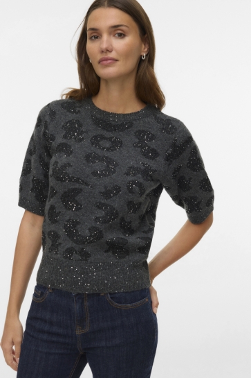 Vero Moda VMZUZU 2/4 O-NECK PULLOVER 10339441 Dark Grey Melan/W. BLACK