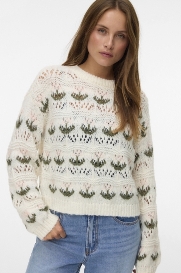 Vero Moda VMIDELLE LS O-NECK PULLOVER 10334856 Birch/W. PINK DOGWOOD