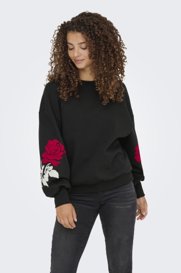 Only Trui ONLCALLY L/S DETAIL O-NECK CS SWT 15363332 Black/Pretty flower