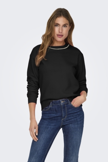 Jacqueline de Yong Trui JDYPARIS L/S EMB SWEAT JRS 15221015 BLACK/NECK PEARL DETAIL