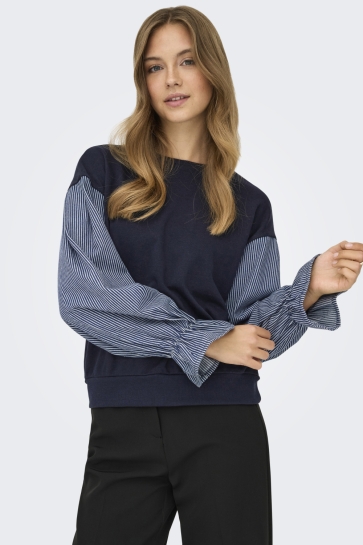 Only Trui ONLNINA L/S O-NECK MIX CS SWEAT 15374740 NIGHT SKY/STRIPE DENIM SLEEVES