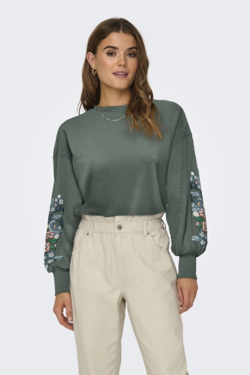 Only Trui ONLBROOKE L/S O-NECK FLOWER SWT NOO 15216364 BALSAM GREEN/SLEEVE MULTI FLOWERS