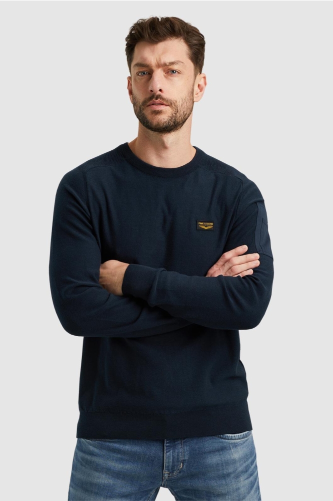 PME legend blauwe heren trui | Model vooraanzicht