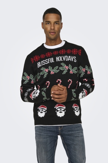 Only & Sons Trui ONSXMAS REG 5 ALLOVER CREW KNIT 22031171 Black/BLISSFUL