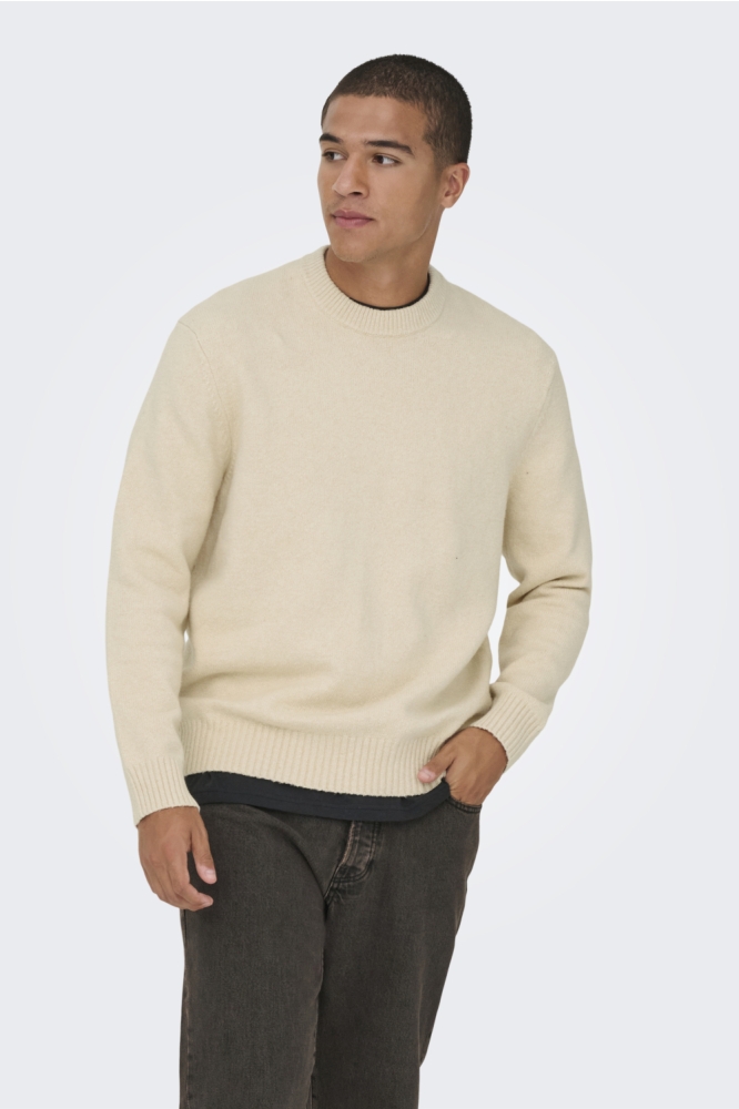 Only & Sons beige heren trui | Model vooraanzicht