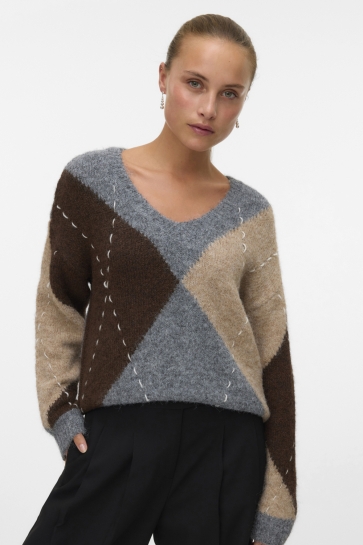 Vero Moda Trui VMBLISS LS V-NECK HANDSTITCH PULLOV 10339079 Medium Grey Mel/W. CHOCOLA
