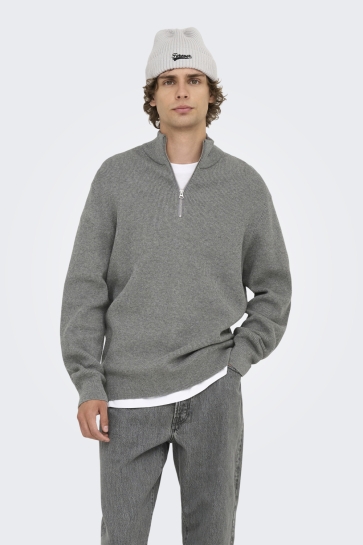 Only & Sons ONSPHIL REG 12 STRUC HALF ZIP KNIT 22023210 MEDIUM GREY MELANGE