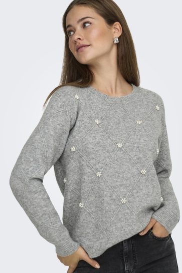 Jacqueline de Yong Trui JDYBELLA LIFE L/S STRUCT PEARL PUL 15362398 LIGHT GREY MELANGE/WHITE PEARLS