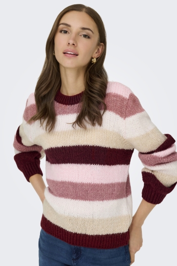 Jacqueline de Yong JDYDINEA L/S O-NECK STRIPE PULLOVER 15271274 CABERNET/DUSTY ROSE CD TAPIOCA CHALK PINK
