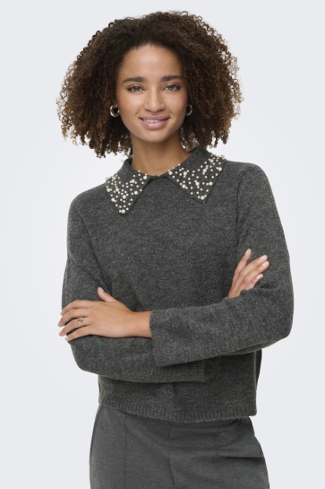 Jacqueline de Yong JDYAUBRAY LIFE L/S PEARL COLLAR PUL 15359787 DARK GREY MELANGE/WHITE PEARLS