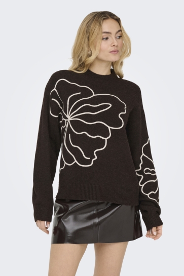 Jacqueline de Yong Trui JDYJELLA L/S FLOWER PULLOVER KNT NO 15344518 CHOCOLATE TORTE