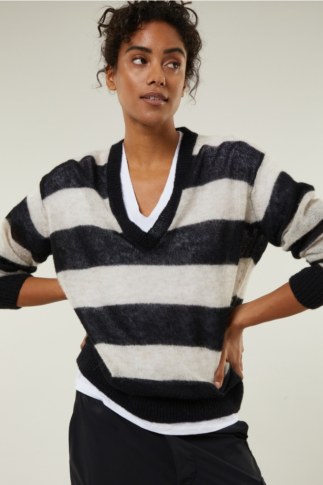 V NECK SWEATER KNIT STRIPE 20 610 3201 1215 LIVER