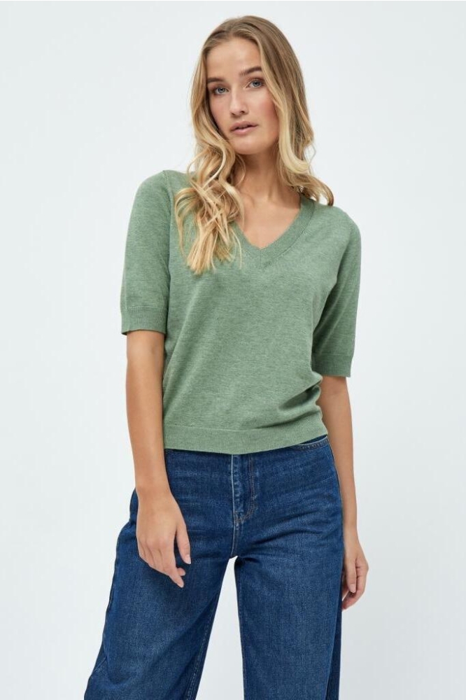 MILLA V NECK KNIT TEE 1 MI4751 3009M BASIL GREEN MELANGE