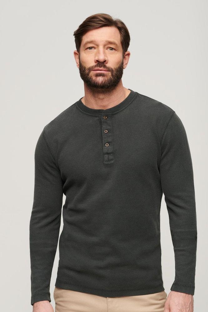 WAFFLE LONG SLEEVE HENLEY TOP M6010776A WASHED BLACK