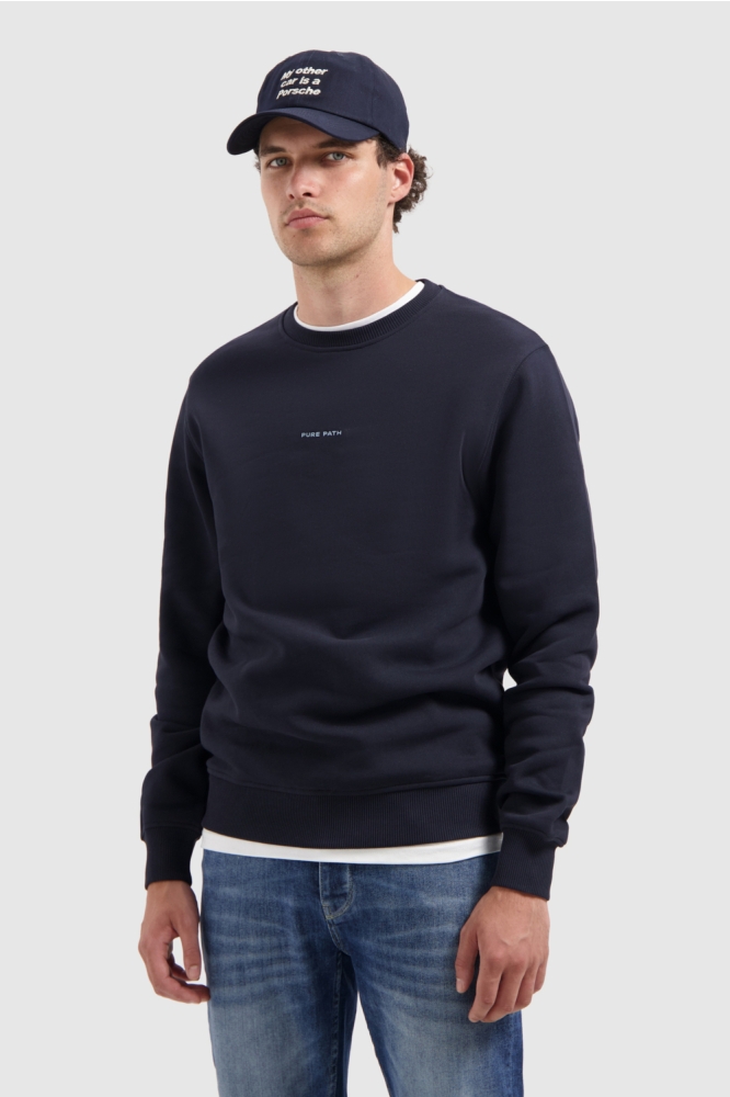 Pure Path blauwe heren sweater | Model vooraanzicht