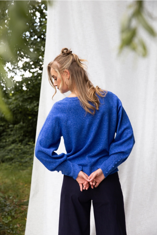 I-coni-K blauwe dames trui | Model achteraanzicht