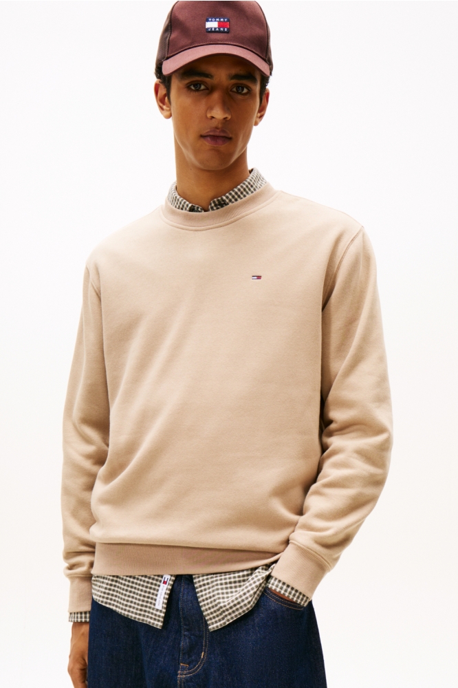 Tommy Jeans taupe heren sweater | Model vooraanzicht