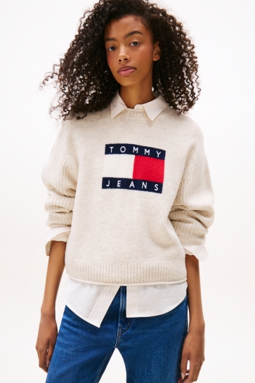 Tommy Jeans TJW MELANGE FLAG SWEA DW0DW21782 AFN ANCIENT WHITE HTR