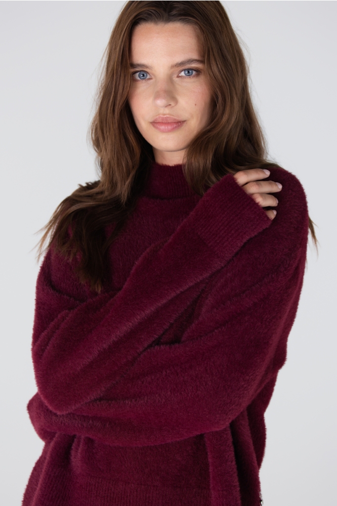 Juffrouw Jansen bordeaux dames trui | Close up
