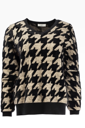 NED ROWLEY LS RMJ FURRY PRINT KNIT 25W1 U386 02 Ecru Black
