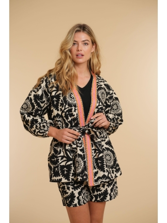 Geisha Vest KIMONO MET BLOEMENPRINT 45100 20 Black/Off-white