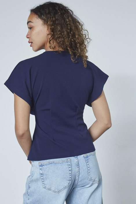 SisterS point blauwe dames blouse | Model achteraanzicht