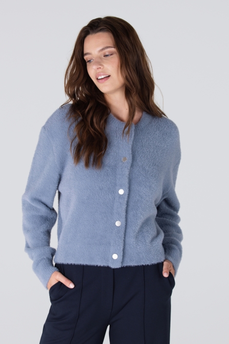 Juffrouw Jansen blauwe dames vest | Model vooraanzicht