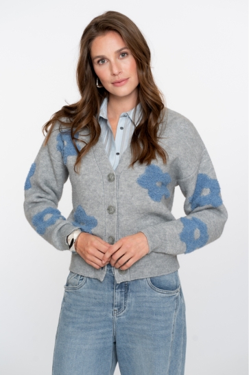 Geisha Vest OVERSIZED VEST MET BLOEMENMOTIEF 54510 10 GREY MELANGE/BLUE