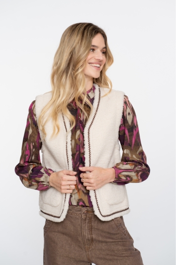 Geisha Vest REVERSIBLE TEDDY GILET MET GEWEVEN BIES 55541 19 000010 OFF-WHITE/TAPE DARK BROWN ZIGZAG