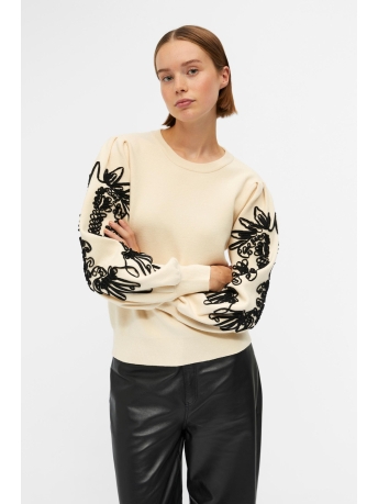 Object Trui OBJJOANA L/S KNIT PULLOVER REP 23040087 SANDSHELL/BLACK