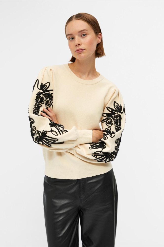 OBJJOANA L/S KNIT PULLOVER REP 23040087 SANDSHELL/BLACK