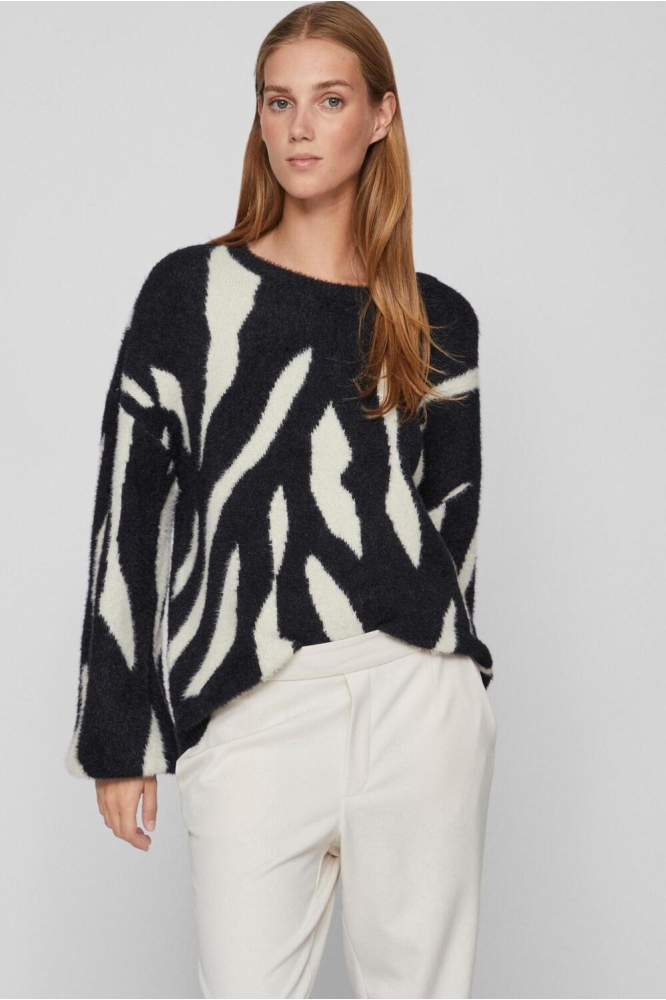 VILAJULI JAQUARD L/S KNIT TOP -NOOS 14086315 Black/White Sand