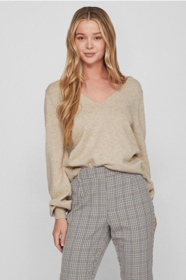 Vila Trui VIRIL REV V-NECK L/S KNIT TOP - NOO 14084174 NATURAL MELANGE