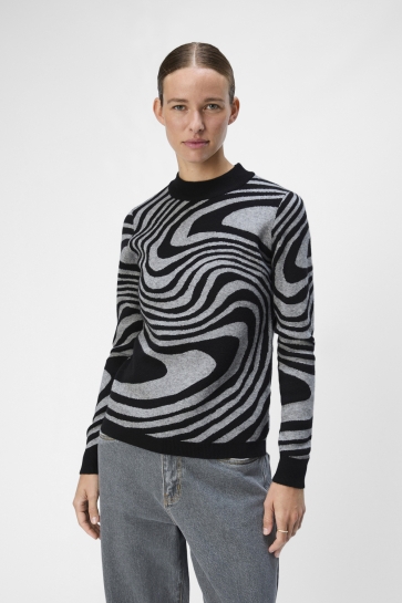 Object OBJRAY L/S KNIT PULLOVER AOP NOOS 23040958 BLACK/MEDIUM GRE