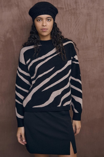Object Trui OBJRAY LO L/S KNIT PULLOVER AOP NOO 23044642 Black/Desert tau