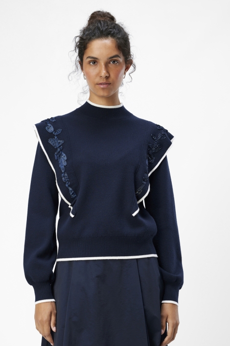 Object blauwe dames trui | Model vooraanzicht
