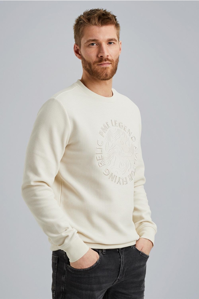 PME legend ecru heren sweater | Model achteraanzicht