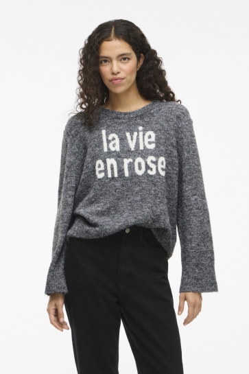 Vila Trui VIMELIE O-NECK L/S DETAIL KNIT TOP/ 14110525 MEDIUM GREY MELANGE/SNOW WHITE