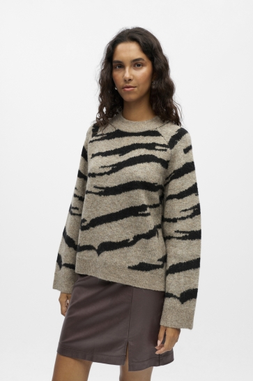 Object Trui OBJDIANA LS RE O-NECK KNIT NOOS 23046897 Morel/ Black zebr