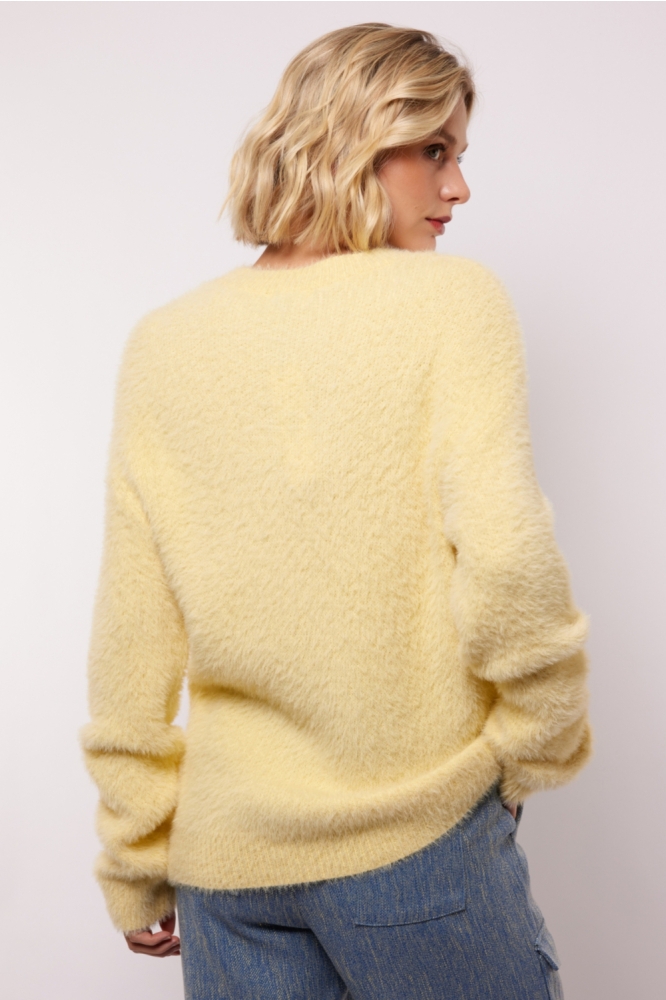 Fluresk gele dames sweater | Model achteraanzicht