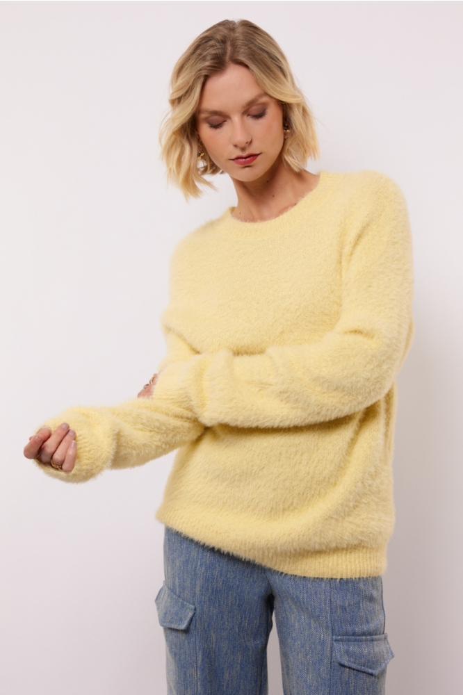 Fluresk gele dames sweater | Model vooraanzicht