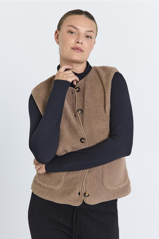Freequent taupe dames gilet | Model vooraanzicht