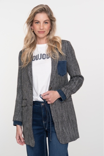 Geisha Blazer LANGE BLAZER MET VISGRAATPRINT 55520 10 950 Anthracite denimpocket